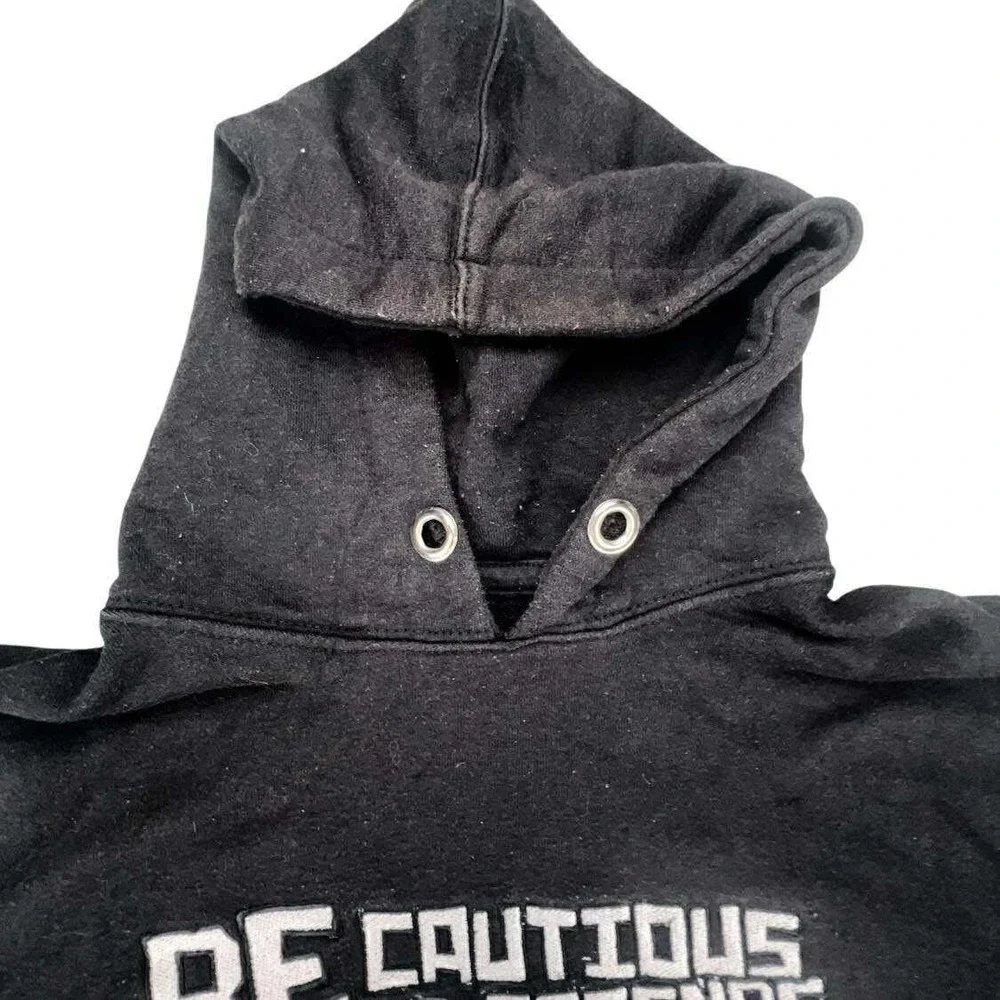Y2K Be Cautious of Friends Hoodie Pullover Black Graphic Print Lightning Bolt XS